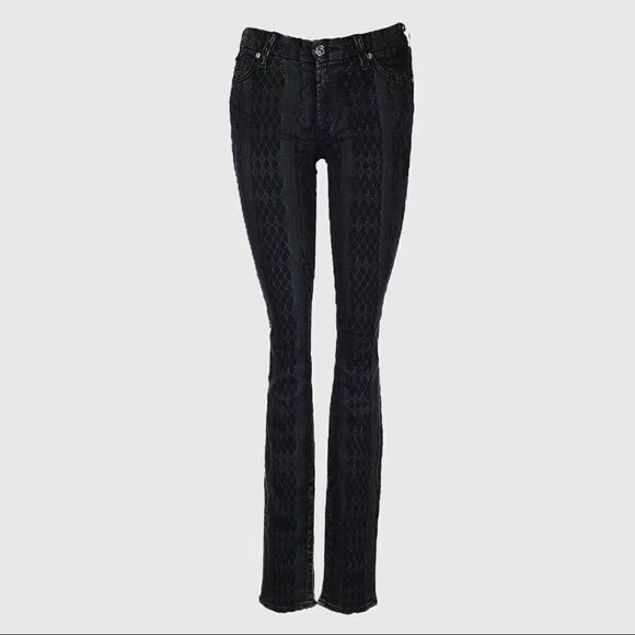 7 All Mankind Goth Victorian Print Black Skinny Jean 25 Low Rise Brocade Stretch - Picture 1 of 10